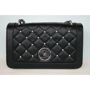 Badgley Mischka Vegan Leather Quilted Black Crossbody Bag W/ Pearl Accents & Cha